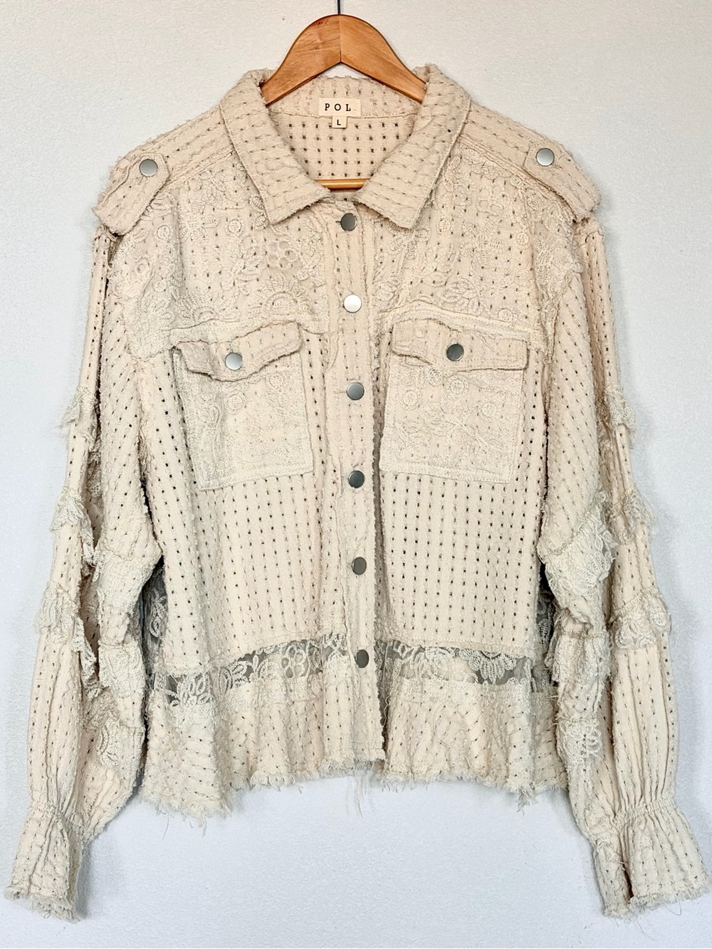 POL Mixed Media Lace Shacket Jacket Cream Boho Crochet Flared Sleeve Large